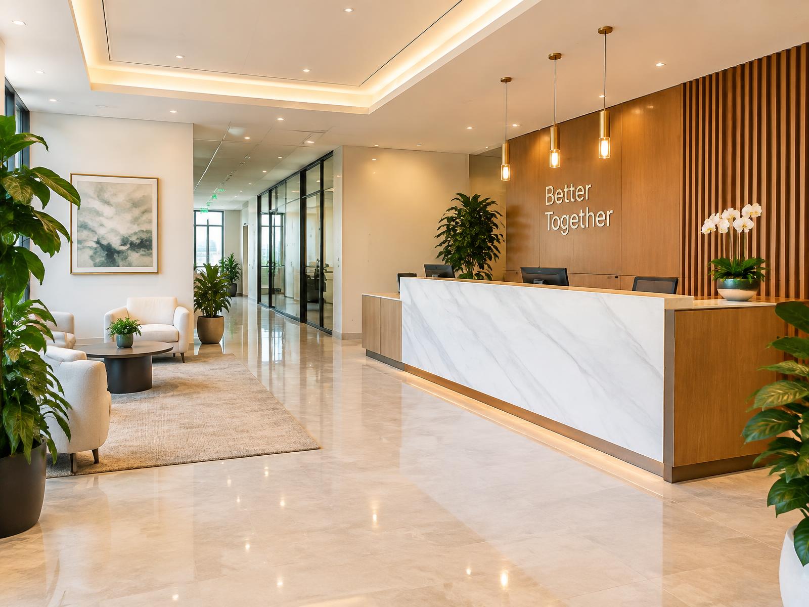 Bright office building reception area with a front desk and comfortable seating